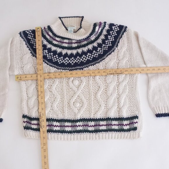 VTG Jamie Scott Cream Navy Cable Knit Fair Isle Sweater Old Money Cabincore M - Picture 3 of 9